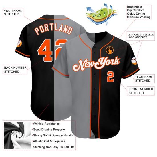 Maillot de baseball orange-gris fendu authentique noir mode personnalisé Maillot de baseball orange-gris fendu authentique noir mode personnalisé