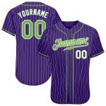 Maillot de baseball personnalisé violet à rayures blanches, vertes et blanches Maillot de baseball personnalisé violet à rayures blanches, vertes et blanches