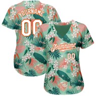 Maillot de baseball authentique à fleurs, palmier, sarcelle et feuilles hawaïennes 3D, blanc et orange, personnalisé