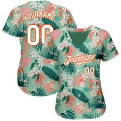 Maillot de baseball authentique à fleurs, palmier, sarcelle et feuilles hawaïennes 3D, blanc et orange, personnalisé Maillot de baseball authentique à fleurs, palmier, sarcelle et feuilles hawaïennes 3D, blanc et orange, personnalisé
