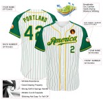 Maillot de baseball à rayures fines vert-doré Raglan, manches authentiques Kelly vertes, manches Kelly blanches personnalisées Maillot de baseball à rayures fines vert-doré Raglan, manches authentiques Kelly vertes, manches Kelly blanches personnalisées