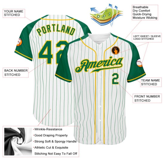 Maillot de baseball à rayures fines vert-doré Raglan, manches authentiques Kelly vertes, manches Kelly blanches personnalisées Maillot de baseball à rayures fines vert-doré Raglan, manches authentiques Kelly vertes, manches Kelly blanches personnalisées