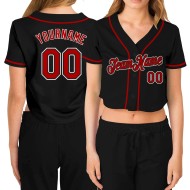 Maillot de baseball court noir rouge-blanc personnalisé col en V pour femme