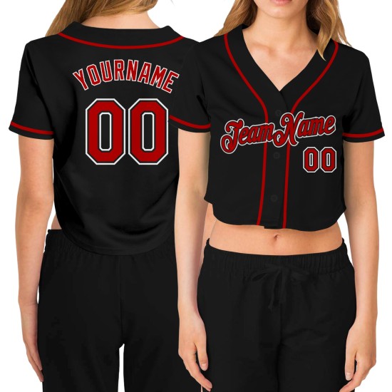 Maillot de baseball court noir rouge-blanc personnalisé col en V pour femme Maillot de baseball court noir rouge-blanc personnalisé col en V pour femme