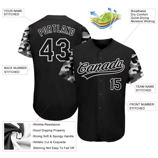Maillot de baseball 3D noir camouflage, motif authentique, personnalisé Maillot de baseball 3D noir camouflage, motif authentique, personnalisé