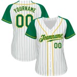 Maillot de baseball à rayures fines vert-doré Raglan, manches authentiques Kelly vertes, manches Kelly blanches personnalisées Maillot de baseball à rayures fines vert-doré Raglan, manches authentiques Kelly vertes, manches Kelly blanches personnalisées