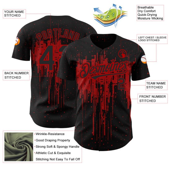 Maillot de baseball 3D à motif d'éclaboussures rouges, authentique, personnalisé, noir, design artistique Maillot de baseball 3D à motif d'éclaboussures rouges, authentique, personnalisé, noir, design artistique
