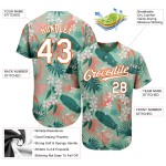 Maillot de baseball authentique à fleurs, palmier, sarcelle et feuilles hawaïennes 3D, blanc et orange, personnalisé Maillot de baseball authentique à fleurs, palmier, sarcelle et feuilles hawaïennes 3D, blanc et orange, personnalisé