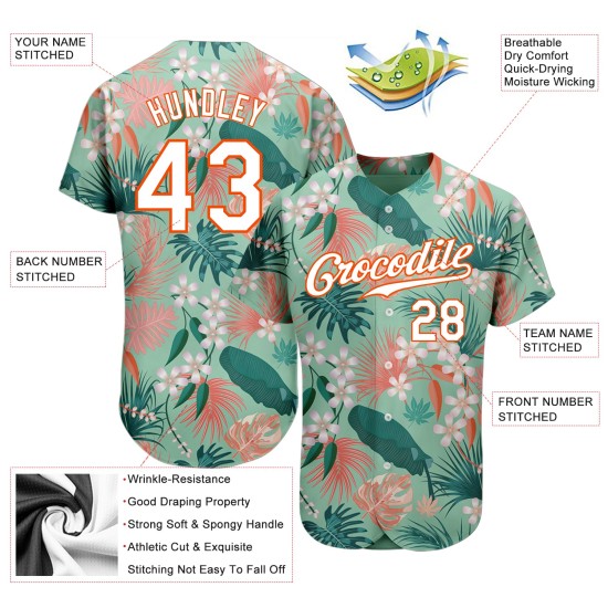 Maillot de baseball authentique à fleurs, palmier, sarcelle et feuilles hawaïennes 3D, blanc et orange, personnalisé Maillot de baseball authentique à fleurs, palmier, sarcelle et feuilles hawaïennes 3D, blanc et orange, personnalisé