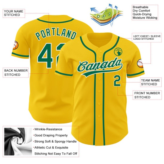 Maillot de baseball personnalisé Kelly jaune vert-blanc authentique Maillot de baseball personnalisé Kelly jaune vert-blanc authentique