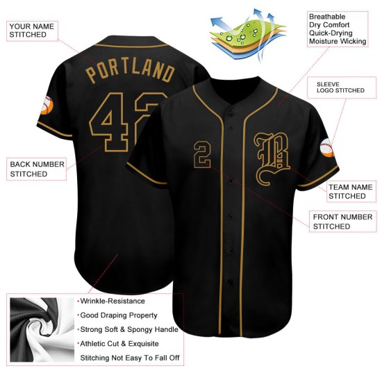 Maillot de baseball personnalisé Gold authentique noir et ancien Maillot de baseball personnalisé Gold authentique noir et ancien