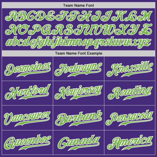 Maillot de baseball personnalisé violet à rayures blanches, vertes et blanches Maillot de baseball personnalisé violet à rayures blanches, vertes et blanches