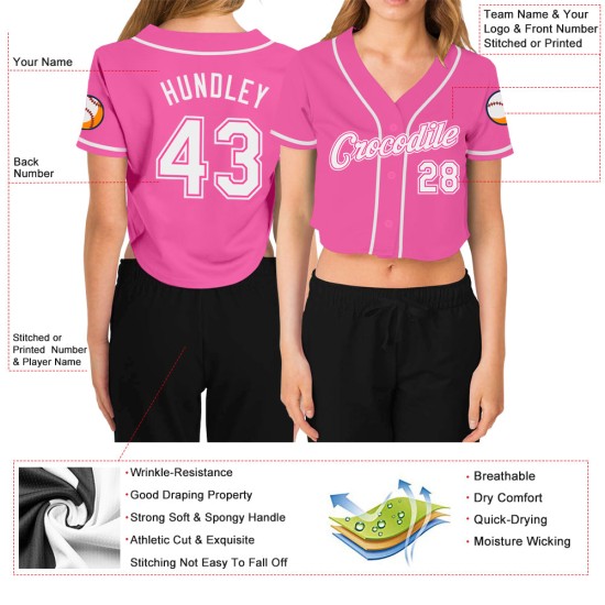 Maillot court de baseball blanc rose personnalisé col en V pour femme Maillot court de baseball blanc rose personnalisé col en V pour femme