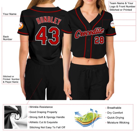 Maillot de baseball court noir rouge-blanc personnalisé col en V pour femme Maillot de baseball court noir rouge-blanc personnalisé col en V pour femme