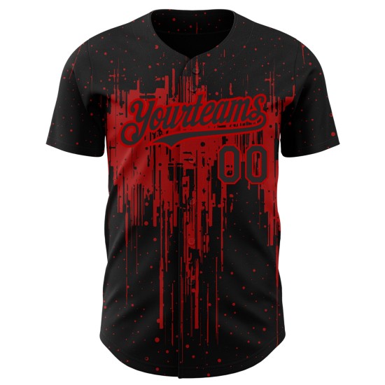 Maillot de baseball 3D à motif d'éclaboussures rouges, authentique, personnalisé, noir, design artistique Maillot de baseball 3D à motif d'éclaboussures rouges, authentique, personnalisé, noir, design artistique