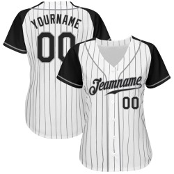 Maillot de baseball noir-gris, manches authentiques personnalisées, rayures fines, raglan, blanc Maillot de baseball noir-gris, manches authentiques personnalisées, rayures fines, raglan, blanc