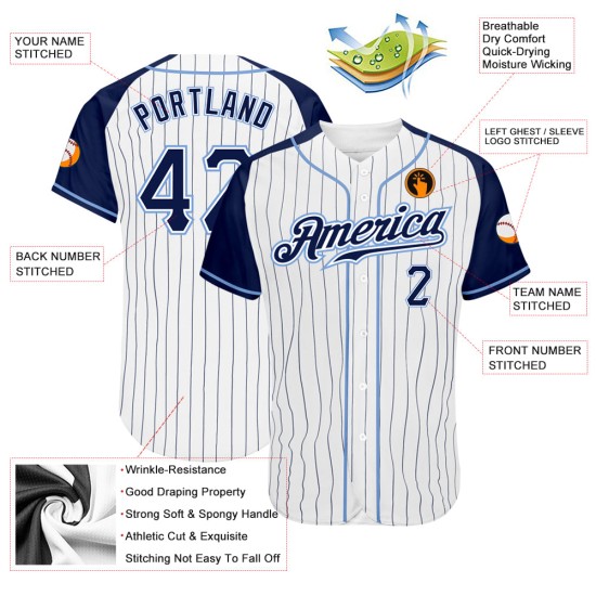 Maillot de baseball authentique à rayures fines, blanc, raglan, bleu marine, bleu clair Maillot de baseball authentique à rayures fines, blanc, raglan, bleu marine, bleu clair