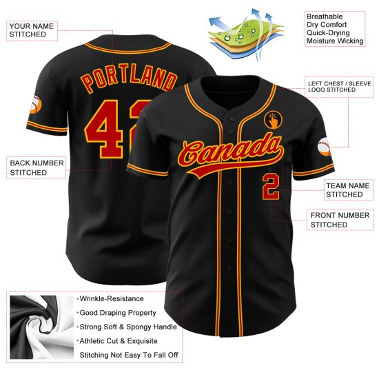 Maillot de baseball personnalisé noir rouge-or authentique Maillot de baseball personnalisé noir rouge-or authentique