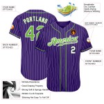 Maillot de baseball personnalisé violet à rayures blanches, vertes et blanches Maillot de baseball personnalisé violet à rayures blanches, vertes et blanches
