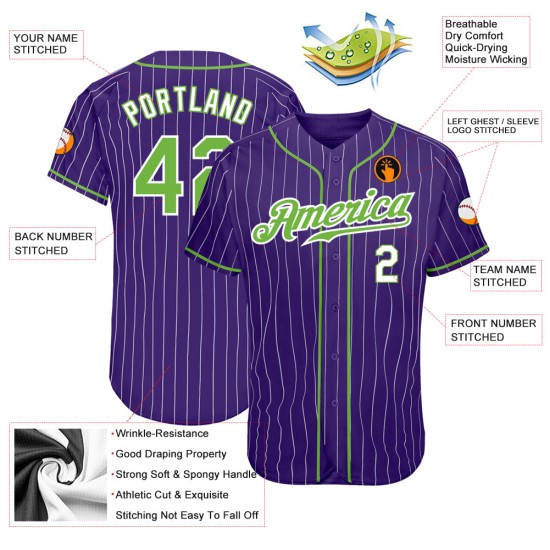 Maillot de baseball personnalisé violet à rayures blanches, vertes et blanches Maillot de baseball personnalisé violet à rayures blanches, vertes et blanches