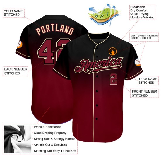 Maillot de baseball noir authentique, dégradé, personnalisé, couleur cramoisi-crème Maillot de baseball noir authentique, dégradé, personnalisé, couleur cramoisi-crème