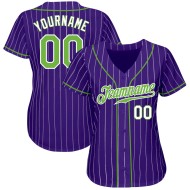 Maillot de baseball personnalisé violet à rayures blanches, vertes et blanches Maillot de baseball personnalisé violet à rayures blanches, vertes et blanches