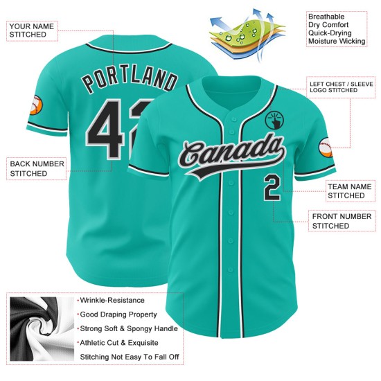 Maillot de baseball personnalisé authentique Aqua noir-gris Maillot de baseball personnalisé authentique Aqua noir-gris