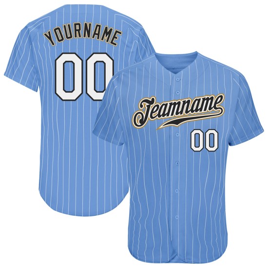 Maillot de baseball personnalisé authentique blanc-ancien, rayures blanches, or, bleu clair Maillot de baseball personnalisé authentique blanc-ancien, rayures blanches, or, bleu clair