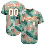 Maillot de baseball authentique à fleurs, palmier, sarcelle et feuilles hawaïennes 3D, blanc et orange, personnalisé Maillot de baseball authentique à fleurs, palmier, sarcelle et feuilles hawaïennes 3D, blanc et orange, personnalisé
