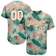 Maillot de baseball authentique à fleurs, palmier, sarcelle et feuilles hawaïennes 3D, blanc et orange, personnalisé