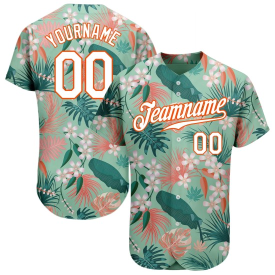 Maillot de baseball authentique à fleurs, palmier, sarcelle et feuilles hawaïennes 3D, blanc et orange, personnalisé Maillot de baseball authentique à fleurs, palmier, sarcelle et feuilles hawaïennes 3D, blanc et orange, personnalisé