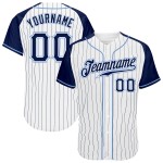 Maillot de baseball authentique à rayures fines, blanc, raglan, bleu marine, bleu clair Maillot de baseball authentique à rayures fines, blanc, raglan, bleu marine, bleu clair