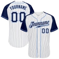 Maillot de baseball authentique à rayures fines, blanc, raglan, bleu marine, bleu clair