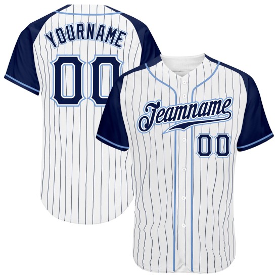 Maillot de baseball authentique à rayures fines, blanc, raglan, bleu marine, bleu clair Maillot de baseball authentique à rayures fines, blanc, raglan, bleu marine, bleu clair