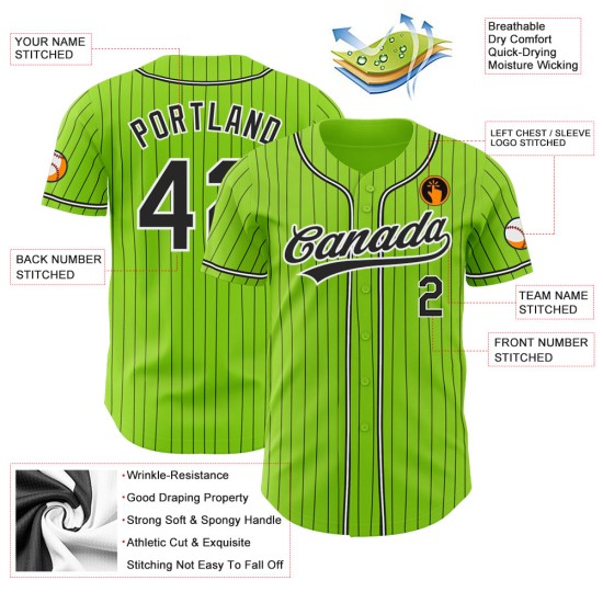 Maillot de baseball vert authentique, noir et blanc, rayures fines, néon Maillot de baseball vert authentique, noir et blanc, rayures fines, néon