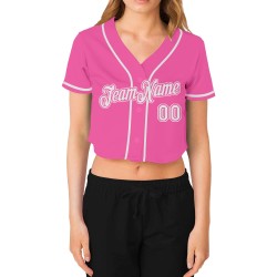 Maillot court de baseball blanc rose personnalisé col en V pour femme Maillot court de baseball blanc rose personnalisé col en V pour femme