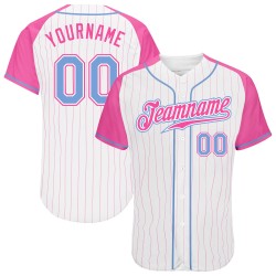 Maillot de baseball raglan à rayures fines, blanc, manches roses authentiques, bleu clair et rose