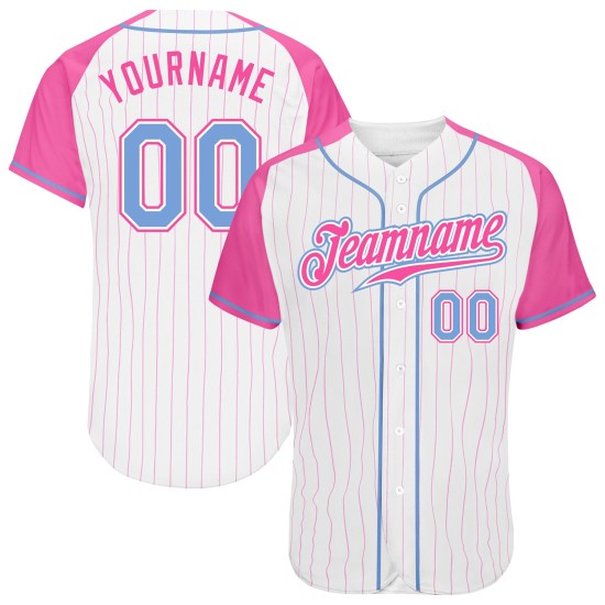 Maillot de baseball raglan à rayures fines, blanc, manches roses authentiques, bleu clair et rose Maillot de baseball raglan à rayures fines, blanc, manches roses authentiques, bleu clair et rose