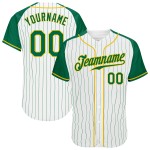 Maillot de baseball à rayures fines vert-doré Raglan, manches authentiques Kelly vertes, manches Kelly blanches personnalisées Maillot de baseball à rayures fines vert-doré Raglan, manches authentiques Kelly vertes, manches Kelly blanches personnalisées