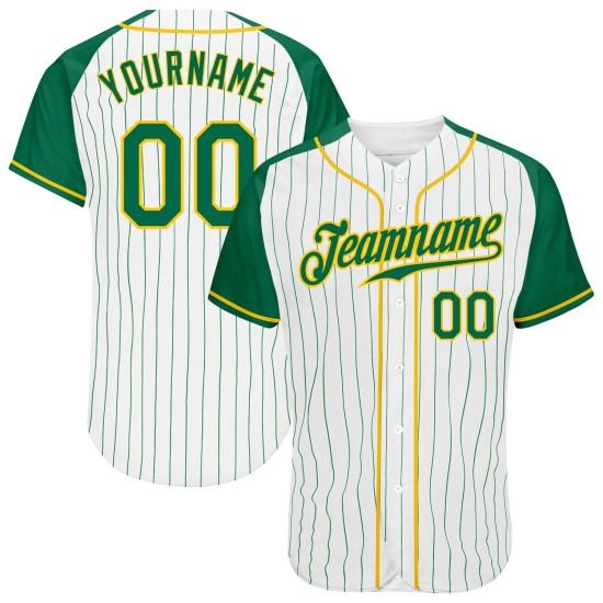 Maillot de baseball à rayures fines vert-doré Raglan, manches authentiques Kelly vertes, manches Kelly blanches personnalisées Maillot de baseball à rayures fines vert-doré Raglan, manches authentiques Kelly vertes, manches Kelly blanches personnalisées