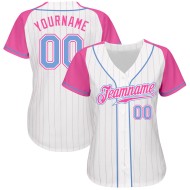 Maillot de baseball raglan à rayures fines, blanc, manches roses authentiques, bleu clair et rose