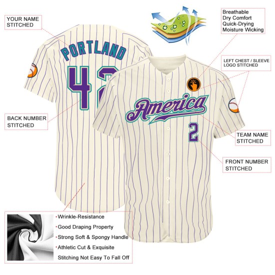 Maillot de baseball authentique à rayures violettes et crème bleu sarcelle, violet, personnalisé Maillot de baseball authentique à rayures violettes et crème bleu sarcelle, violet, personnalisé