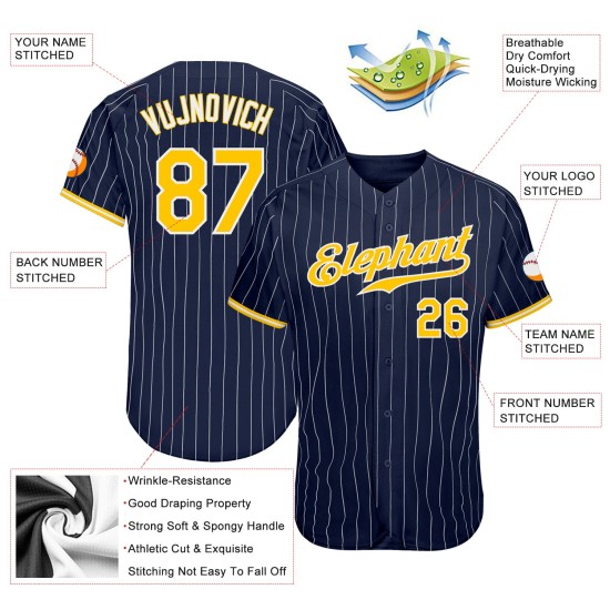Maillot de baseball personnalisé blanc à rayures bleu marine, or et blanc Maillot de baseball personnalisé blanc à rayures bleu marine, or et blanc