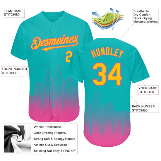Maillot de baseball authentique City Diego jaune-rose Aqua 3D San Custom Fade Edition Maillot de baseball authentique City Diego jaune-rose Aqua 3D San Custom Fade Edition