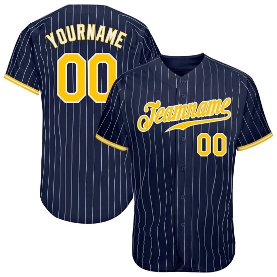 Maillot de baseball personnalisé blanc à rayures bleu marine, or et blanc Maillot de baseball personnalisé blanc à rayures bleu marine, or et blanc
