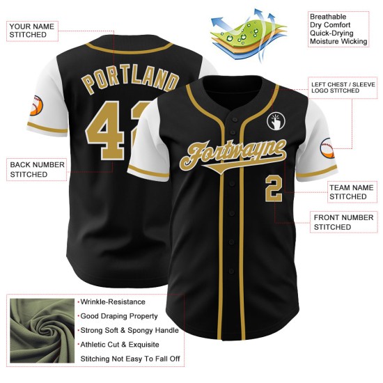 Maillot de baseball personnalisé, couleur or, blanc et noir, ancien ton, authentique Maillot de baseball personnalisé, couleur or, blanc et noir, ancien ton, authentique