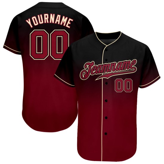 Maillot de baseball noir authentique, dégradé, personnalisé, couleur cramoisi-crème Maillot de baseball noir authentique, dégradé, personnalisé, couleur cramoisi-crème