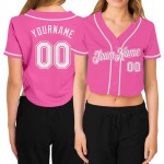 Maillot court de baseball blanc rose personnalisé col en V pour femme Maillot court de baseball blanc rose personnalisé col en V pour femme