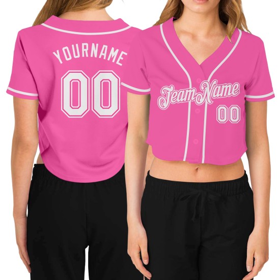 Maillot court de baseball blanc rose personnalisé col en V pour femme Maillot court de baseball blanc rose personnalisé col en V pour femme