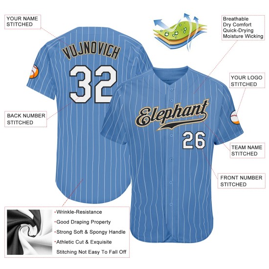Maillot de baseball personnalisé authentique blanc-ancien, rayures blanches, or, bleu clair Maillot de baseball personnalisé authentique blanc-ancien, rayures blanches, or, bleu clair